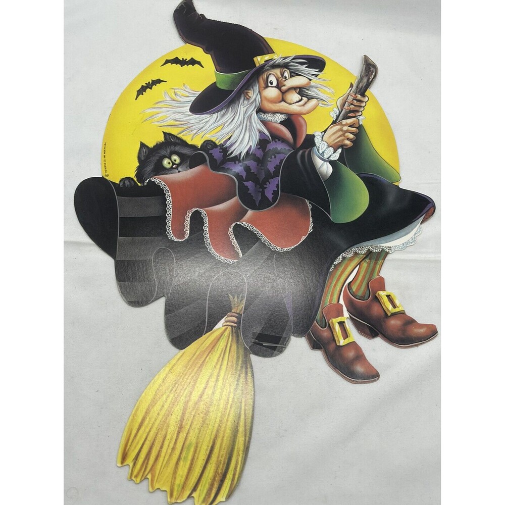 Vintage 1983 BEISTLE Halloween 2 Sided Witch On Broom Cutout Decoration 16"